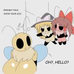 accessory antennae_(anatomy) anthro arthropod bee blonde_hair bow_ribbon brown_hair bug_fables clothing dialogue door_slam female hair hair_accessory hair_bow hair_ribbon hat headgear headwear hi_res hymenopteran insect looking_back marisa_kirisame moonsprout_games open_mouth red_body reimu_hakurei ribbons sex_request simple_background simple_eyes smile solo text tha_randomu touhou vi_(bug_fables) witch_hat yellow_body