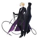  1boy black_pants black_suit blonde_hair blue_eyes chain coat counter:side full_body highres holding holding_chain holding_shield male_focus official_alternate_costume official_alternate_hairstyle official_art pants roy_burnett shield short_hair simple_background suit tachi-e transparent_background trench_coat 