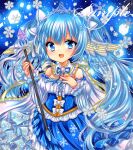 1girl bare_shoulders blue_background blue_dress blue_eyes blue_hair blue_ribbon blue_theme bow brooch cowboy_shot crystal detached_collar detached_sleeves dress embellished_costume frilled_dress frills hair_ornament hatsune_miku holding holding_wand jewelry long_hair long_sleeves looking_at_viewer marker_(medium) musical_note musical_note_print neck_ribbon open_mouth ribbon rui_(sugar3) sample_watermark smile snowflakes solo strapless strapless_dress tiara traditional_media twintails very_long_hair vocaloid wand watermark white_bow white_ribbon yuki_miku yuki_miku_(2019) 