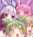  5girls :3 against_fourth_wall animal_ears ankomon bright_pupils brown_hair cheek_press close-up closed_mouth commentary double-parted_bangs green_hair grey_eyes light_brown_hair looking_at_viewer multiple_girls open_mouth parted_lips pink_background pink_eyes pink_hair red_eyes short_hair smile symbol-only_commentary voiceroid voicevox white_hair white_pupils yellow_eyes zundamon 