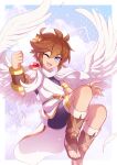 angel blue_eyes brown_hair clothing cloud day entiqua feathered_wings feathers feet fingers flying footwear hair hi_res humanoid kid_icarus light_body light_skin looking_at_viewer male nintendo not_furry one_eye_closed open_mouth open_smile pit_(kid_icarus) sandals smile solo toes wings wink