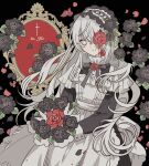  1boy black_background black_dress black_flower black_ribbon black_rose blood blood_on_face bouquet cowboy_shot dress floral_background flower frilled_dress frills gothic_lolita grey_eyes grey_hair hairband highres holding holding_bouquet lolita_fashion lolita_hairband long_hair long_sleeves looking_at_viewer male_focus meremero mirror neck_ribbon one_eye_covered original otoko_no_ko petals red_flower red_rose ribbon rose rose_petals second-party_source smile solo sophie_(jiz_(pffbq)) standing very_long_hair 