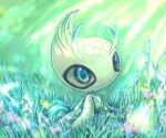  antennae aqua_eyes blurry blurry_background celebi colored_skin depth_of_field dew_drop fairy_wings flower grass green_skin green_theme highres looking_up no_humans parted_lips pointy_hair pokemon solo tensaitou_tou transparent_wings water_drop wings 