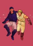  2boys absurdres aikawa_(dorohedoro) black_hair blonde_hair colored_tips couple dorohedoro facial_mark full_body happy highres hood hooded_jacket jacket male_focus medium_sideburns multicolored_hair multiple_boys nishida_(pixiv_50671594) no_eyebrows pants pink_background pulling risu_(dorohedoro) running sparkle_background thick_eyebrows thighs toned toned_male yaoi 