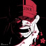  1boy aboude_art artist_name baseball_cap black_hair commentary english_text facial_hair goatee hat injury instagram_logo instagram_username limited_palette looking_at_viewer male_focus mustache_stubble one_piece open_mouth sakazuki_(akainu) scar scar_on_cheek scar_on_face short_hair signature solo stubble teeth 