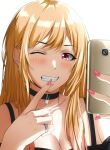  1girl absurdres black_choker blonde_hair breasts cellphone choker cleavage ear_piercing earrings grin highres holding holding_phone jewelry kitagawa_marin long_hair looking_at_viewer off-shoulder_shirt off_shoulder one_eye_closed phone piercing pink_eyes pink_nails ring selfie shirt simple_background smartphone smile solo sono_bisque_doll_wa_koi_wo_suru sparkle spookypicklez teeth white_background 