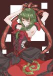  0002koko 1girl absurdres alternate_costume armpits bare_shoulders dress frilled_dress frilled_robe frills front_ponytail green_eyes green_hair highres kagiyama_hina medium_hair red_ribbon ribbon solo touhou 