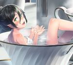  bathing black_hair blush body_blush breasts cup cupping_hands from_side green_eyes h_kasei hair_between_eyes in_container in_cup legs_up looking_at_viewer looking_back medium_breasts minigirl naked_towel nose_blush open_mouth original partially_submerged pointy_ears reclining smile solo teacup tied_hair towel water wet white_towel 