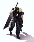  2boys aqua_eyes arm_around_shoulder armor baggy_pants belt black_footwear black_gloves black_hair black_pants black_shirt blonde_hair blood blood_from_mouth boots buster_sword cloud_strife commentary dirty dirty_face english_commentary final_fantasy final_fantasy_vii final_fantasy_vii_remake full_body gloves hair_between_eyes hair_slicked_back head_down highres ldawb multiple_belts multiple_boys pants shirt short_hair shoulder_armor simple_background sleeveless sleeveless_turtleneck spiked_hair suspenders turtleneck weapon weapon_on_back white_background zack_fair 