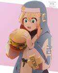  1boy absurdres androgyne_symbol blonde_hair bridget_(guilty_gear) burger food green_eyes guilty_gear guilty_gear_strive habit highres holding holding_food hood hood_up hooded_jacket hoodie jacket long_sleeves looking_down male_focus medium_hair open_clothes open_hoodie open_mouth otoko_no_ko puffy_long_sleeves puffy_sleeves ximxam 