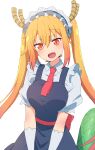  1girl :d blonde_hair blush breasts dragon_girl dragon_horns dragon_tail fang gloves hair_between_eyes highres horns kamidan kobayashi-san_chi_no_maidragon large_breasts long_hair looking_at_viewer maid maid_headdress necktie open_mouth orange_eyes puffy_short_sleeves puffy_sleeves red_necktie short_sleeves slit_pupils smile tail tohru_(maidragon) twintails white_gloves 