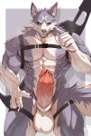 abs anthro balls big_penis black_eyes canid canine canis capcom genitals hi_res looking_at_viewer male mammal monster_hunter muscular muscular_anthro muscular_male nipples pecs penis solo standing straps wolf zex