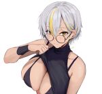 1girl bikini black_bikini black_shirt black_wrist_cuffs blonde_hair breasts chela77 cleavage closed_mouth glasses grey_hair highres large_breasts lifted_by_self luvdia multicolored_hair park_dona round_eyewear second-party_source shirt short_hair sleeveless sleeveless_shirt solo streaked_hair swimsuit tan turtleneck upper_body virtual_youtuber wrist_cuffs yellow_eyes 