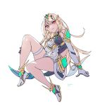  1girl artist_name bare_shoulders blonde_hair breasts cha_niao_(strxscs) cleavage_cutout closed_mouth clothing_cutout dated dress earrings elbow_gloves full_body gloves highres jewelry long_hair medium_breasts mythra_(xenoblade) orange_eyes short_dress skindentation solo swept_bangs thigh_strap tiara white_background white_dress white_footwear white_gloves xenoblade_chronicles_(series) xenoblade_chronicles_2 