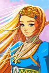  1girl blonde_hair braid breasts commentary_request gigis_lab green_eyes hair_ornament hairclip highres long_hair pointy_ears princess_zelda signature small_breasts smile solo spanish_commentary the_legend_of_zelda the_legend_of_zelda:_breath_of_the_wild upper_body 