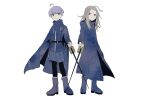  2boys ahoge blonde_hair blue_cape blue_coat blue_footwear blue_jacket blue_shorts boots cape closed_mouth coat crossed_swords frown full_body highres holding holding_sword holding_weapon jacket long_hair long_sleeves looking_at_viewer macha_(macha3635toa) makoto_kagutsuchi male_focus master_detective_archives:_rain_code multiple_boys purple_eyes purple_hair short_hair shorts simple_background spoilers standing sword weapon white_background yuma_kokohead 