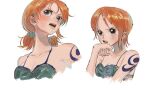  1girl arm_tattoo bikini bikini_top_only brown_eyes commentary from_below highres linerynlasgalen multiple_views nami_(one_piece) one_piece orange_hair short_hair sidelocks simple_background swimsuit symbol-only_commentary tattoo twintails upper_body white_background 