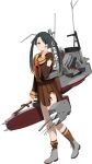  1girl black_hair brown_neckerchief brown_sailor_collar brown_serafuku brown_skirt burnt_clothes damaged dirt_on_face full_body hair_ribbon hand_on_own_face highres kantai_collection long_hair long_sleeves looking_at_viewer machinery mikuma_(kancolle) mikuma_kai_ni_(kancolle) neckerchief official_art open_mouth pleated_skirt ribbon sailor_collar school_uniform serafuku shibafu_(glock23) skirt smile solo third-party_source transparent_background turret twintails 