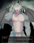 abs anthro beastars canid canine canis dialogue diko_artz dragon_wings english_text hand_behind_head hi_res legoshi_(beastars) looking_at_viewer male mammal muscular muscular_male nipples pecs raised_arm solo talking_to_viewer text text_box wolf