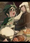  1boy absurdres beer_mug beret bishounen blurry blurry_foreground blush braid closed_eyes cowboy_shot cup food genshin_impact hat highres male_focus mug open_mouth shibata_mi short_hair sitting smile solo table twin_braids venti_(genshin_impact) 