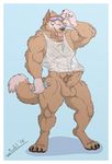  abs armpits biceps canine clothing juano male male/male mammal muscular penis shirt sweat water_bottle wet_shirt wolf zabivaka 