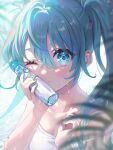  1girl aqua_eyes aqua_hair aqua_nails asahi_yuuji blue_background blush bottle breasts cleavage closed_mouth collarbone hair_between_eyes hand_up hatsune_miku highres holding holding_bottle light_particles looking_at_viewer one_eye_closed pout shirt sidelocks small_breasts solo twintails vocaloid water_drop wet white_shirt 