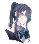  1girl ado_(utaite) alternate_hairstyle black_bow black_hair blue_eyes blue_flower blue_rose bow chando_(ado) closed_mouth cloud_nine_inc collared_shirt commentary cropped_torso flower flower_brooch flower_over_eye hair_between_eyes hane_(kakuhane) highres long_hair looking_at_viewer mole mole_under_eye ponytail rose shirt sidelocks simple_background solo twitter_username upper_body utaite white_background white_shirt 