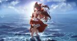  1girl absurdres blue_sky bow brown_hair cloud cloudy_sky day detached_sleeves dress hair_bow hair_tubes hakurei_reimu highres horizon long_hair ocean outdoors red_eyes scenery skirt skirt_set sky solo sun touhou water waves 