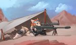  anthro canine clothed clothing faint female gun lying mammal on_front outside ranged_weapon rifle sniper_rifle solo tent weapon 