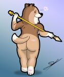 &lt;3 anthro blush brown_body brown_fur butt canid canine canis collie d13w0tt_(artist) dogs_in_space domestic_dog female fur herding_dog hi_res holding_object holding_weapon looking_back mammal melee_weapon multicolored_body netflix nude pastoral_dog polearm rough_collie sheepdog solo spear stella_(dogs_in_space) weapon white_body white_fur