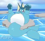 ambiguous_gender big_diaper big_tail blush clean_diaper clothing diaper eeveelution feral fin generation_1_pokemon lying nintendo on_back pail_puppy_(artist) pawpads pokemon pokemon_(species) sea solo tail underwear vaporeon water