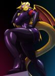 2019 absurd_res anthro big_breasts black_bodysuit black_clothing black_gloves black_handwear black_high_heels black_latex black_skinsuit blonde_hair bodysuit breasts clothing dragon dream_searcher_(jortyguy) female footwear gloves hair handwear hi_res high_heels latex latex_bodysuit latex_clothing latex_gloves latex_handwear latex_skinsuit looking_at_viewer looking_down looking_down_at_viewer low-angle_view membrane_(anatomy) membranous_wings scales scalie skinsuit solo tail tight_clothing toughset visor wings yellow_body yellow_scales