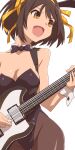  1girl :d animal_ears aonori_misuji black_bow black_bowtie black_leotard bow bowtie breasts brown_eyes brown_hair brown_pantyhose cleavage collarbone detached_collar fake_animal_ears guitar hair_ribbon hairband holding holding_instrument instrument leotard medium_breasts medium_hair music official_alternate_costume open_mouth pantyhose playboy_bunny playing_instrument rabbit_ears ribbon simple_background smile solo suzumiya_haruhi suzumiya_haruhi_no_yuuutsu tongue white_background yellow_hairband yellow_ribbon 