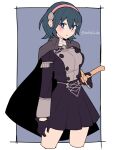  1girl artist_name black_gloves black_skirt blue_background blue_eyes blue_hair border breasts byleth_(female)_(fire_emblem) byleth_(fire_emblem) cape do_m_kaeru fire_emblem fire_emblem:_three_houses gloves grey_cape hairband holding holding_sword holding_weapon outside_border pink_hairband short_hair skirt solo standing sword weapon white_border 