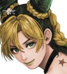  1girl blonde_hair close-up commentary_request eyeshadow green_eyes green_eyeshadow green_hair green_lips hair_between_eyes hair_bun jojo_no_kimyou_na_bouken kujo_jolyne makeup mitsuya sidelocks simple_background smile solo star_(symbol) stone_ocean white_background 