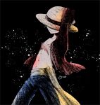  1boy aco_peda black_background blue_shorts covered_eyes cowboy_shot hand_on_headwear hat male_focus monkey_d._luffy one_piece open_clothes open_shirt sash scar scar_on_chest shorts simple_background smile solo straw_hat yellow_sash 
