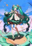  1girl bare_legs bare_shoulders black_footwear black_skirt blue_eyes blue_hair blue_ribbon blue_sky closed_mouth cloud day detached_sleeves floating_hair floating_hair_ornament flower full_body hair_flower hair_ornament hair_ribbon hand_up hatsune_miku highres layered_skirt legs_apart long_bangs long_hair long_sleeves looking_at_viewer low-braided_long_hair magical_mirai_(vocaloid) magical_mirai_miku magical_mirai_miku_(2021) neck_ribbon neonneon321 open_hand outdoors pleated_skirt red_ribbon ribbon shadow shirt shoes sidelocks skirt sky sleeveless sleeveless_shirt smile socks solo standing twintails very_long_hair vocaloid white_flower white_shirt white_sleeves white_socks 