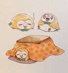  bird bow bowtie bright_pupils closed_mouth commentary_request highres ikuchi_osutega kotatsu light_blush looking_up lying multiple_views on_stomach open_mouth owl pokemon pokemon_(creature) rowlet solo table traditional_media under_kotatsu under_table white_background white_pupils zzz 