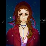  1girl absurdres aerith_gainsborough blue_background breasts brown_hair character_name choker cleavage curly_hair dress final_fantasy final_fantasy_vii final_fantasy_vii_remake flower_choker fumezu1 green_eyes highres jacket long_hair looking_at_viewer parted_bangs pillarboxed pink_dress pink_lips portrait red_jacket single_sidelock solo 