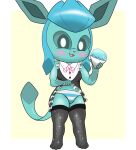 anthro blue_body blue_eyes bottomwear clothed clothing clothing_lift container cup dessert eeveelution female food generation_4_pokemon glaceon hi_res humanoid ice izzipurrito legwear maid_uniform nintendo panties pattern_clothing pattern_underwear pokemon pokemon_(species) shaved_ice simple_background skirt skirt_lift solo stockings striped_clothing striped_underwear stripes tagme underwear uniform