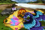  black_feathers blue_feathers detailed_background digital_media_(artwork) dragon feathered_wings feathers grass hair lying membranous_wings natoli purple_feathers purple_hair sitting sleeping smile water wings 