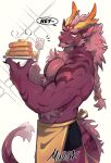  1boy animal_ear_fluff antlers apron bara boxer_briefs braid braided_ponytail claws closed_mouth colored_skin commentary cowboy_shot dragon_boy dragon_ears dragon_tail english_text food fur-tipped_tail hands_up holding holding_plate holding_spatula horns looking_at_viewer male_focus male_underwear mudosa original pancake pancake_stack plate purple_skin simple_background solo sparkle spatula speech_bubble standing symbol-only_commentary tail thick_eyebrows topless_male underwear waist_apron white_background yellow_apron yellow_eyes 