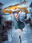  1girl ayanami_rei black_socks brown_footwear eva_00 hair_between_eyes highres neon_genesis_evangelion open_mouth rain red_eyes red_ribbon ribbon running school_uniform short_hair socks tokyo-3_middle_school_uniform water water_drop yahha 