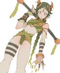  1girl andrewcockroach arm_tattoo bandaged_arm bandages bangle bracelet crop_top crotch_seam detached_collar earrings fantasy green_eyes green_hair green_theme hair_ornament hand_tattoo highres holding holding_weapon horns jewelry leg_tattoo long_braid long_hair no_panties original revealing_clothes solo tattoo thigh_gap thighs weapon 