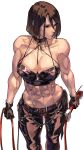  1girl abs alternate_muscle_size belt biceps bra breasts brown_eyes brown_hair choker cleavage earrings gloves highres holding holding_whip jewelry large_breasts leather leather_pants muscular muscular_female navel obliques pants short_hair simple_background solo standing strapless strapless_bra syachiiro the_king_of_fighters thick_thighs thighs toned underwear whip whip_(kof) 