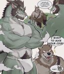 2024 absurd_res anthro canid canine clothed clothing dragon duo english_text facial_hair green_body hi_res k0bit0wani male mammal muscular muscular_male nipples partially_clothed pecs pubes reptile scalie text