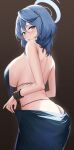 1girl ako_(blue_archive) ako_(dress)_(blue_archive) ass back backless_dress backless_outfit bare_back blue_archive blue_dress blue_eyes blue_hair blue_halo blush breasts brown_background commentary dress earrings gradient_background hair_between_eyes halo hashtag_only_commentary highres jewelry large_breasts looking_at_viewer official_alternate_costume sideboob sideless_dress sideless_outfit signature single_handcuff skai_kun sleeveless sleeveless_dress solo symbol-only_commentary twitter_username 