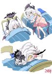  1girl bed black_halo black_horns black_wings blanket blue_archive closed_eyes dress hair_between_eyes halo hina_(blue_archive) horns hugging_object kimura_mitsuhiro long_hair long_sleeves low_wings lying multiple_horns on_back on_bed on_side pillow pillow_hug pink_dress polka_dot polka_dot_dress purple_eyes sleeping slippers under_covers very_long_hair white_hair wings 