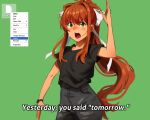  1girl black_pants black_shirt blush brown_hair commentary cowboy_shot doki_doki_literature_club green_background green_eyes hair_intakes hand_up highres just_do_it_(meme) khyle. long_hair meme monika_(doki_doki_literature_club) open_mouth pants ponytail shirt short_sleeves simple_background solo standing v-shaped_eyebrows very_long_hair 