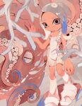  1girl agent_8_(splatoon) bodysuit branch closed_mouth commentary coral grey_eyes grey_hair highres li04r octoling octopus sleeveless sleeveless_bodysuit solo splatoon_(series) splatoon_3 splatoon_3:_side_order standing tentacle_hair tentacles thick_eyebrows white_bodysuit 